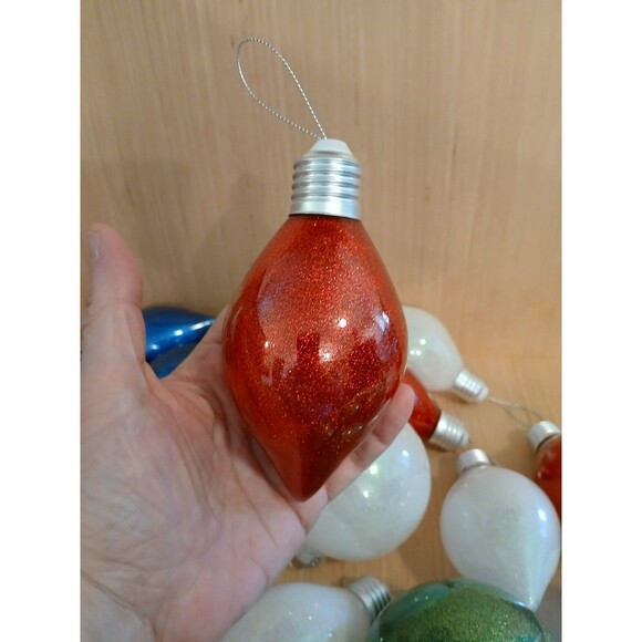Christmas Lightbulb Shape & Round Ornaments Set of 24 Large Plastic with Glitter - Picture 4 of 11